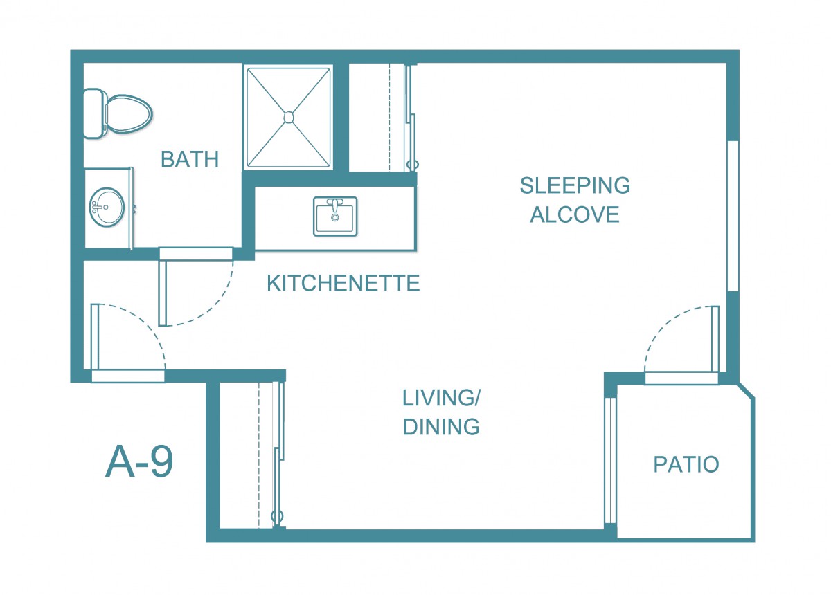 Studio apartment floor plan with a sleeping alcove, kitchenette, living/dining area, bathroom, and patio.
