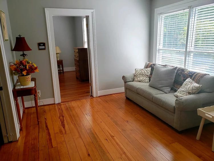 A cozy living room with hardwood floors and a sofa by the window.