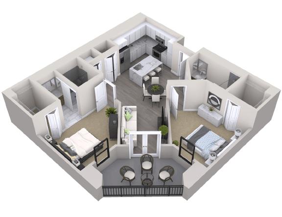 A 3D floor plan of a modern apartment with two bedrooms, living area, kitchen, and balcony.