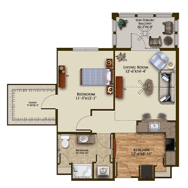 A one-bedroom apartment floor plan featuring a living room, kitchen, and bathroom.