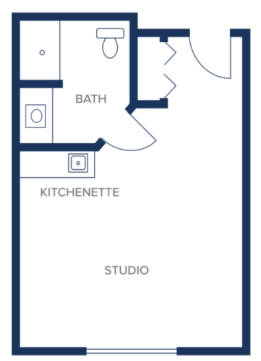 Floor plan of a studio apartment with a kitchenette and bathroom.