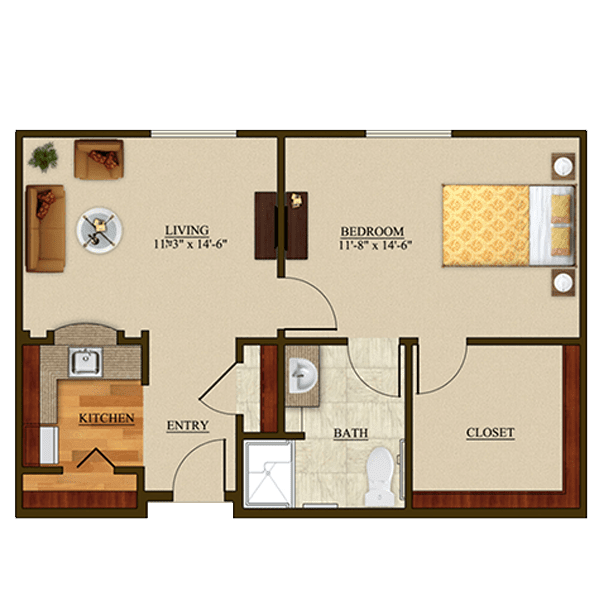 A floor plan of an apartment featuring a living room, kitchen, two bedrooms, and a bathroom.