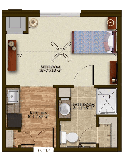 One-bedroom apartment floor plan with kitchen and bathroom.