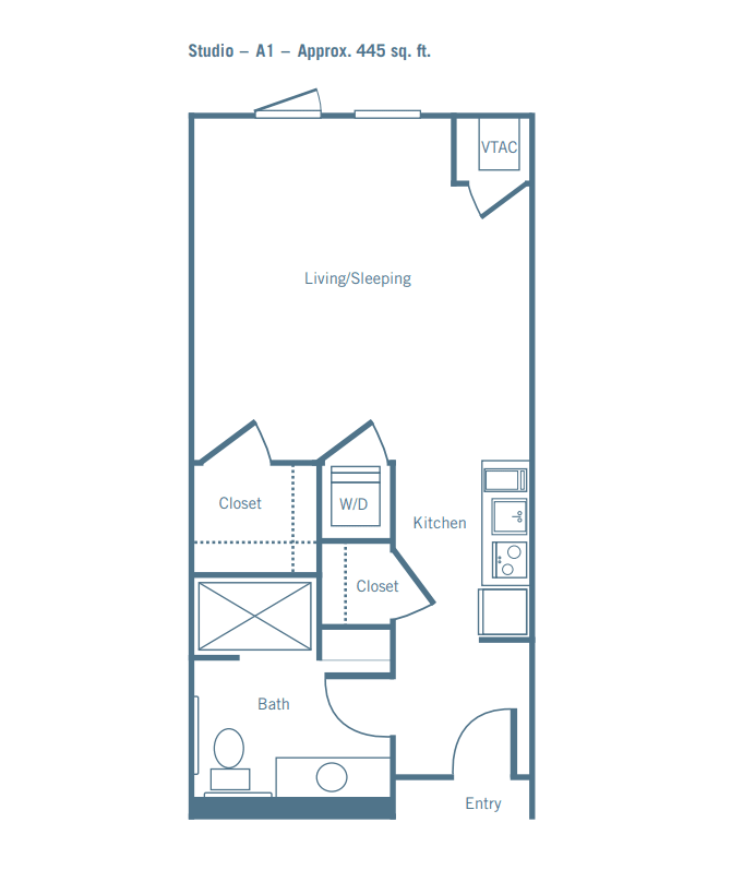 Apartment floor plan with designated living, kitchen, and bathroom areas.