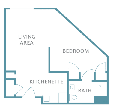 A blueprint layout of a studio apartment featuring a living area, kitchenette, bedroom, and bathroom.