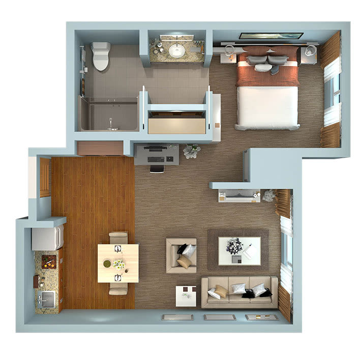 A 3D floor plan of a one-bedroom apartment featuring a living room, kitchen, and bathroom.