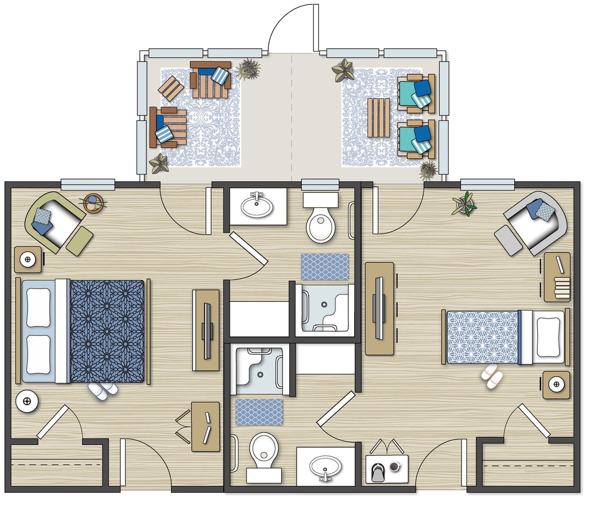 A detailed floor plan of an apartment with three bedrooms, two bathrooms, and common living areas.