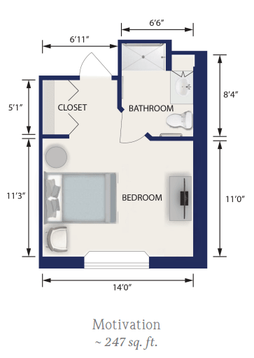 A compact studio apartment floor plan featuring a bedroom, bathroom, and closet.