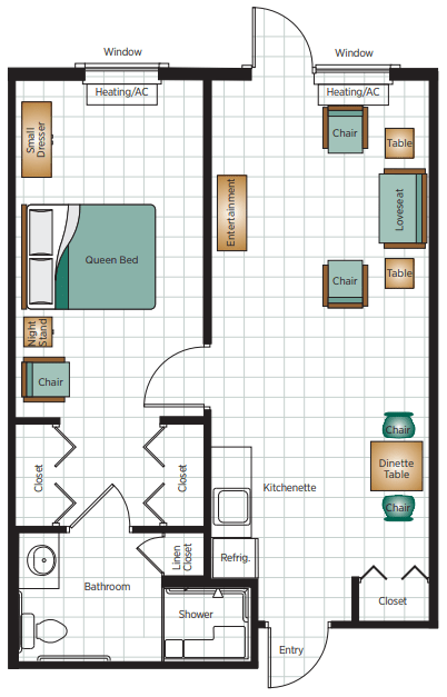 Floor plan showing a one-bedroom apartment with a living room and kitchen area.