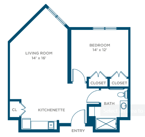 A one-bedroom apartment floor plan featuring a living room, kitchenette, bedroom, bathroom, and closets.