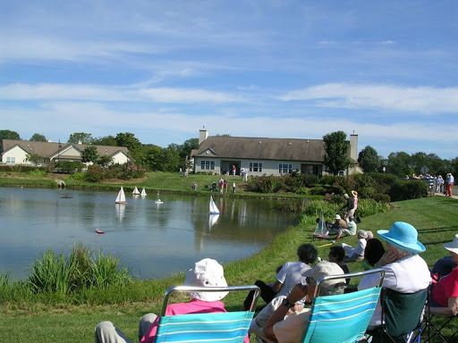 Visitors enjoy a sunny day by the lake, watching sailboats glide across the water.