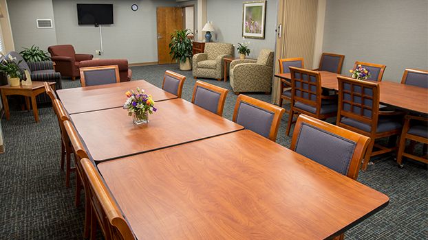 A formal conference room with a long meeting table and chairs, featuring comfortable seating and decorative plants.