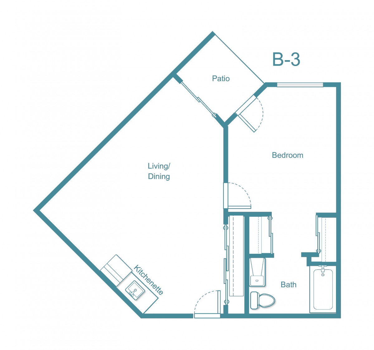 A floor plan of a one-bedroom apartment including a patio and living/dining area.