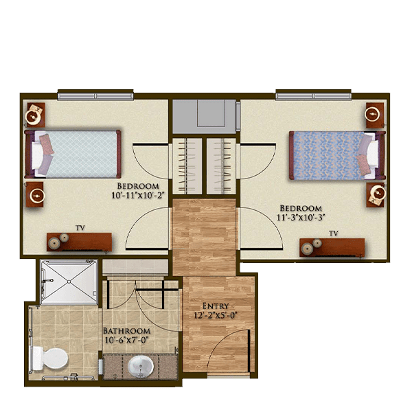 A floor plan of an apartment featuring two bedrooms, a bathroom, and a hallway.