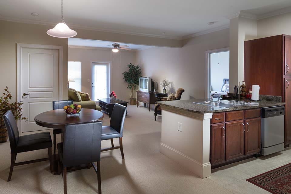 A modern open-concept living room with a dining area and kitchen.