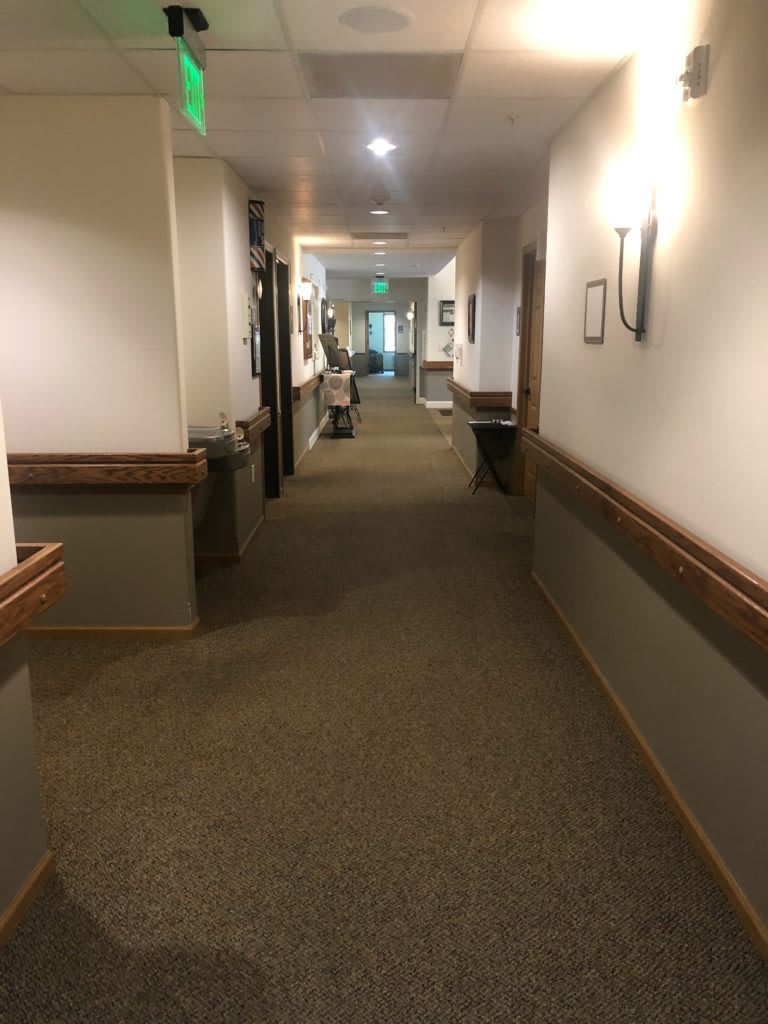 A well-lit, carpeted hallway with handrails and wall-mounted lights.