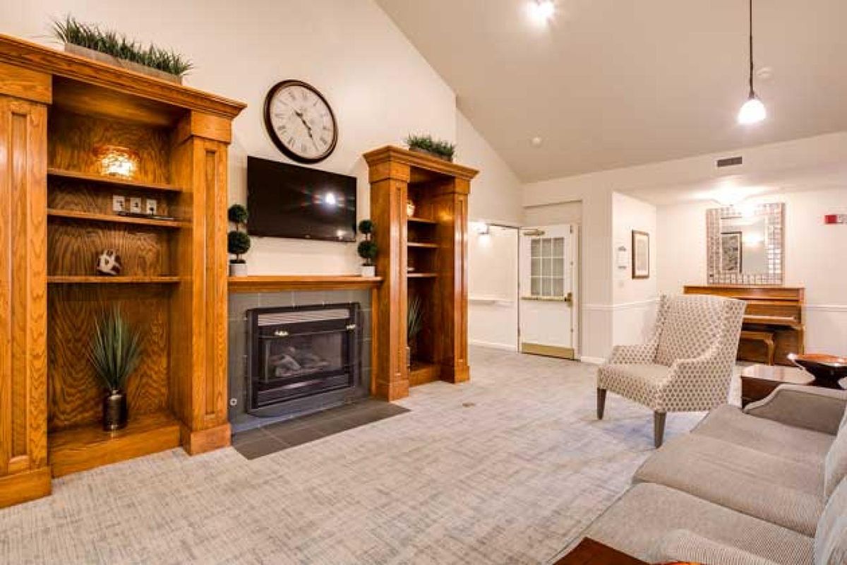 A cozy living room with a fireplace, TV, and wooden bookshelves.