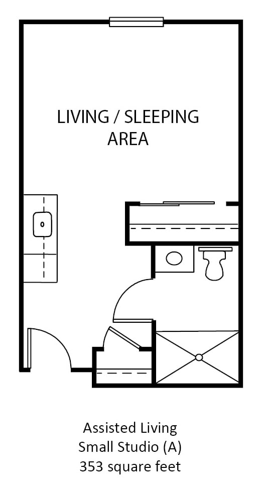 Studio apartment floor plan featuring a living/sleeping area, kitchen, and bathroom.
