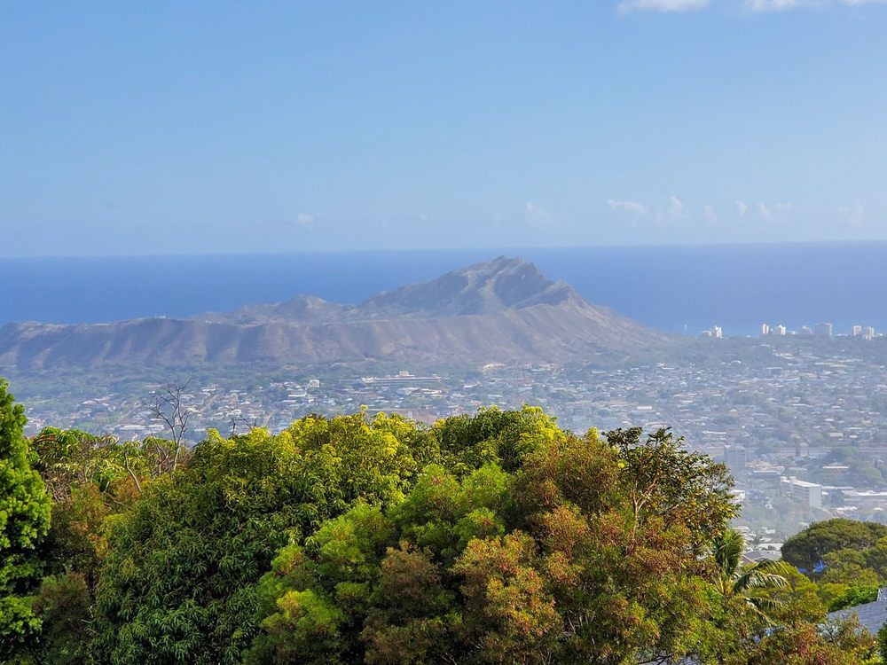 A scenic view of a mountain range with the ocean in the background and lush greenery in the foreground.