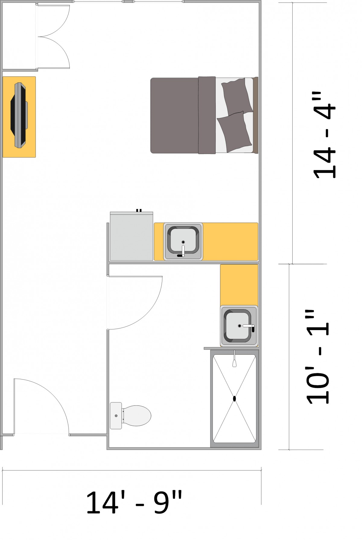 A floor plan of a bedroom with furniture layout and dimensions.