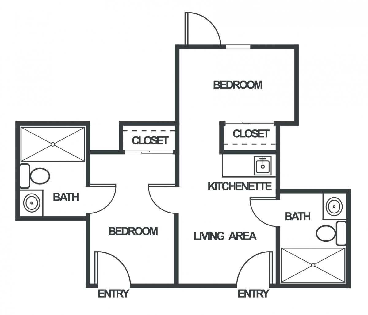 A floor plan showing the layout of a residential space with bedrooms, bathrooms, and a kitchenette.