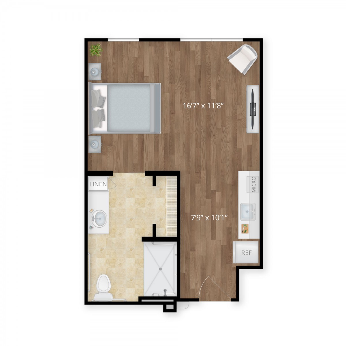 A floor plan of a one-bedroom apartment featuring a living area, bedroom, and bathroom.