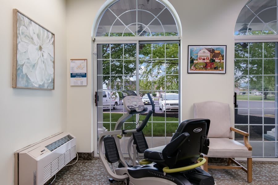 An exercise bike in a well-lit room with large arched windows, accompanied by wall art and a sofa.