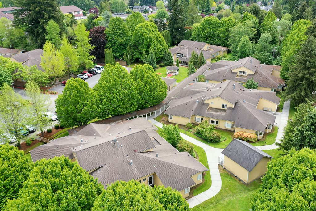 Aerial view of residential buildings surrounded by lush greenery and winding pathways.