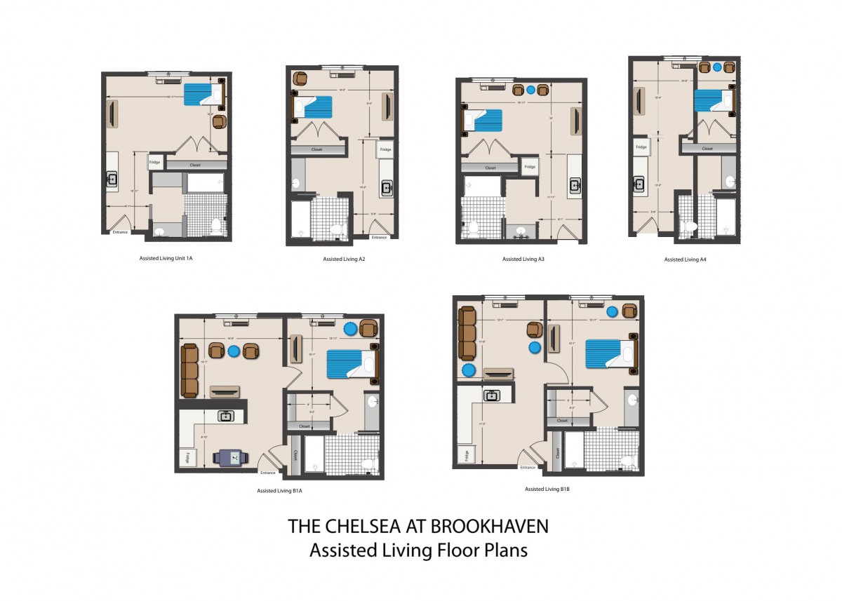 Floor plans for The Chelsea at Brookhaven assisted living facility.