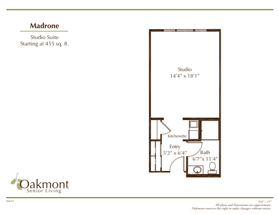 A floor plan of a studio apartment showcasing the layout and dimensions.