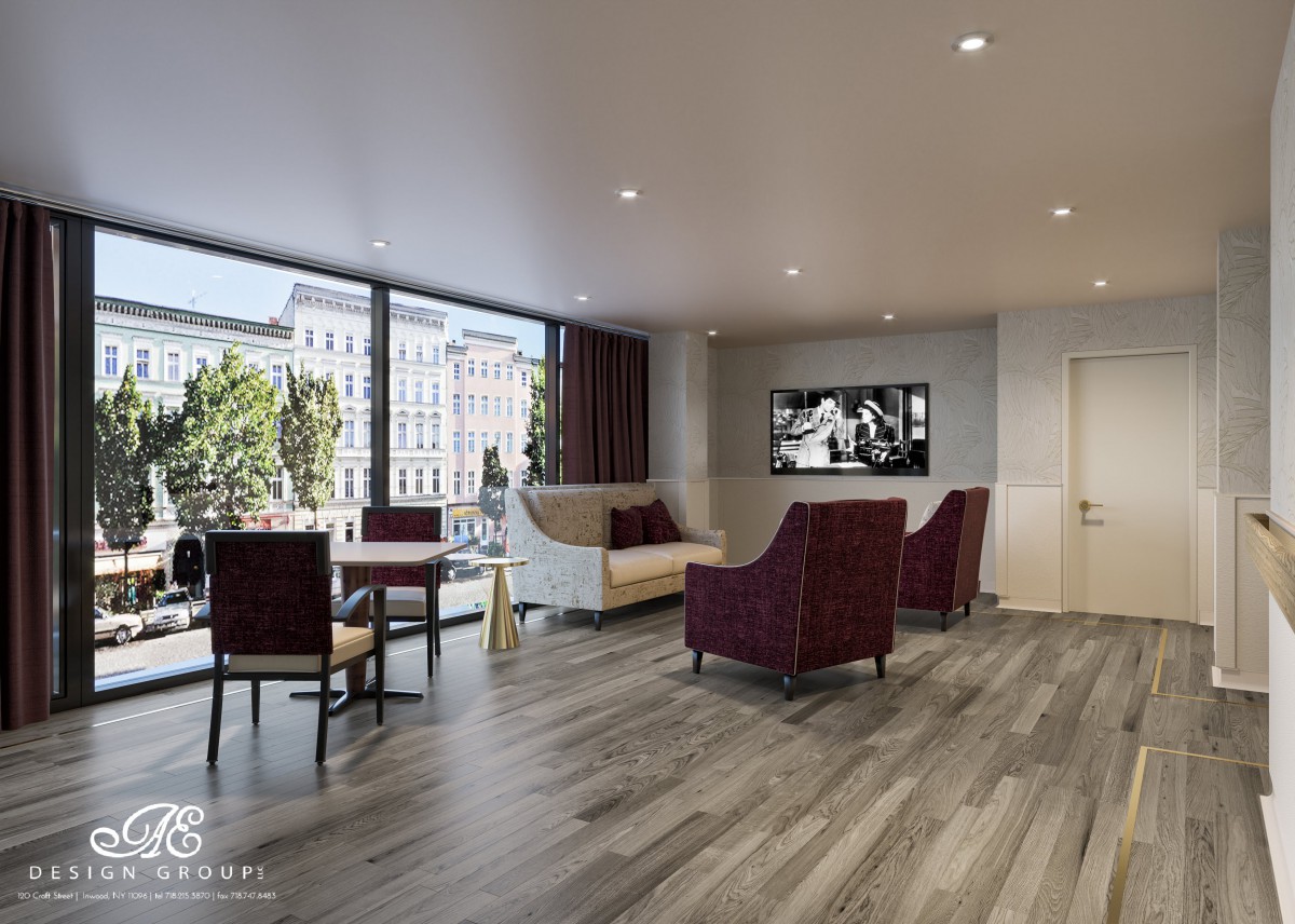 A modern living room with large windows, elegant furniture, and a TV mounted on the wall.