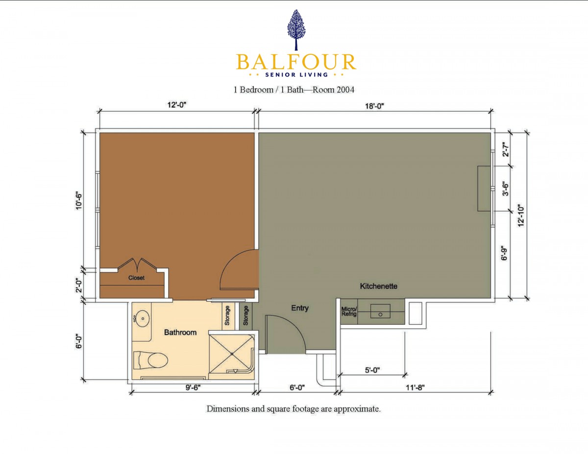 A floor plan for a studio apartment featuring one bedroom, one bathroom, and an open living space.