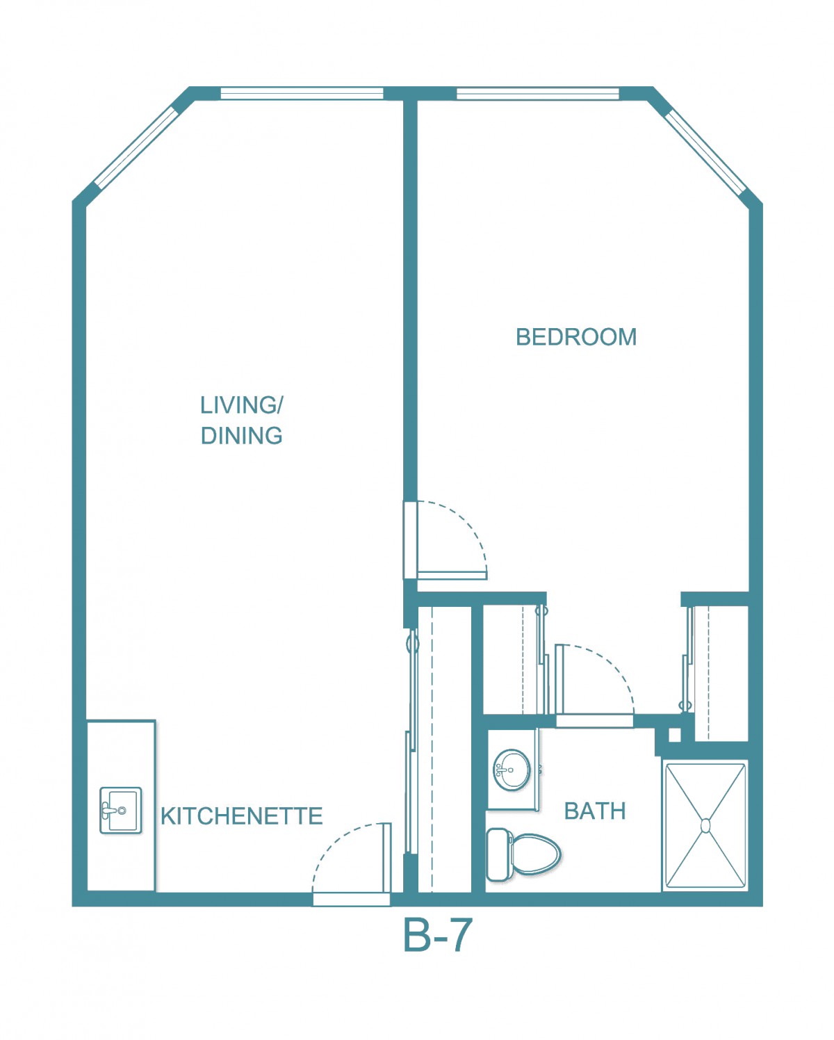 One-bedroom apartment floor plan with living/dining area, kitchenette, and bathroom.