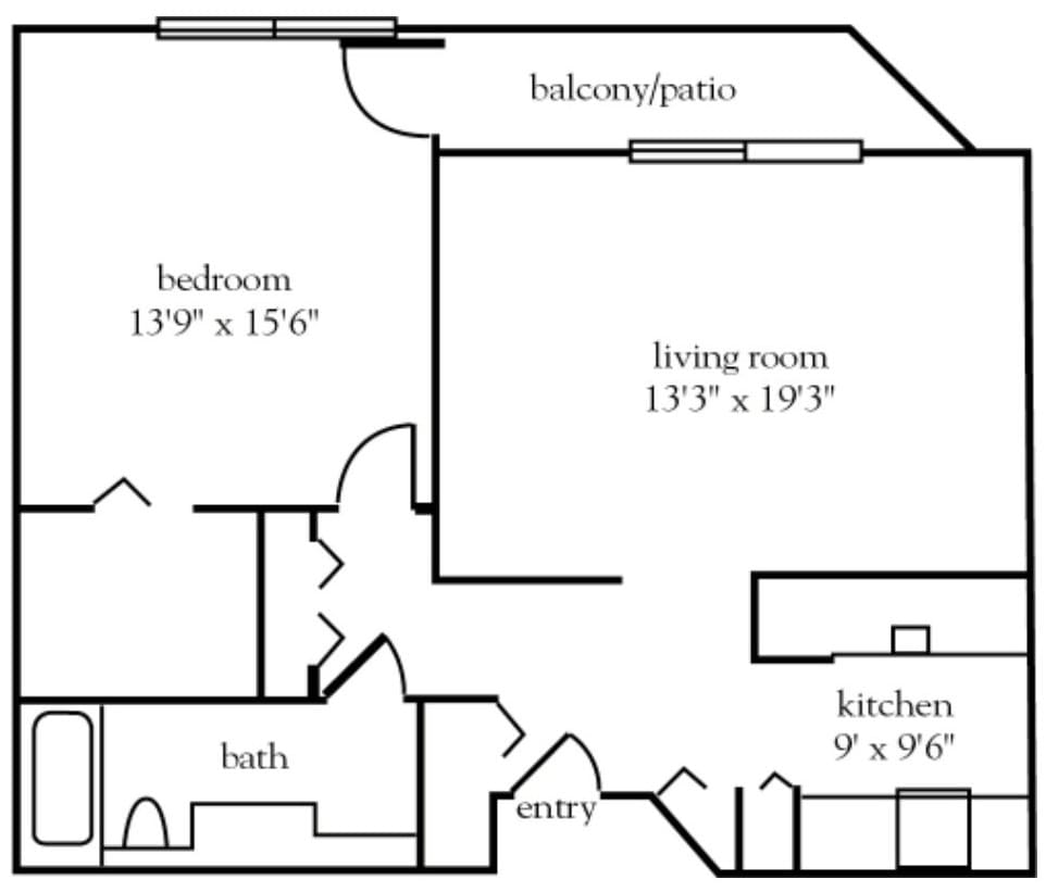 A floor plan of an apartment featuring a bedroom, living room, kitchen, bathroom, entryway, and balcony/patio.