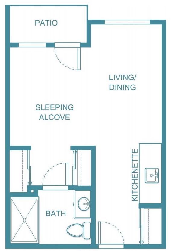 A floor plan of a compact studio apartment featuring a sleeping alcove, living/dining area, kitchenette, and bathroom.