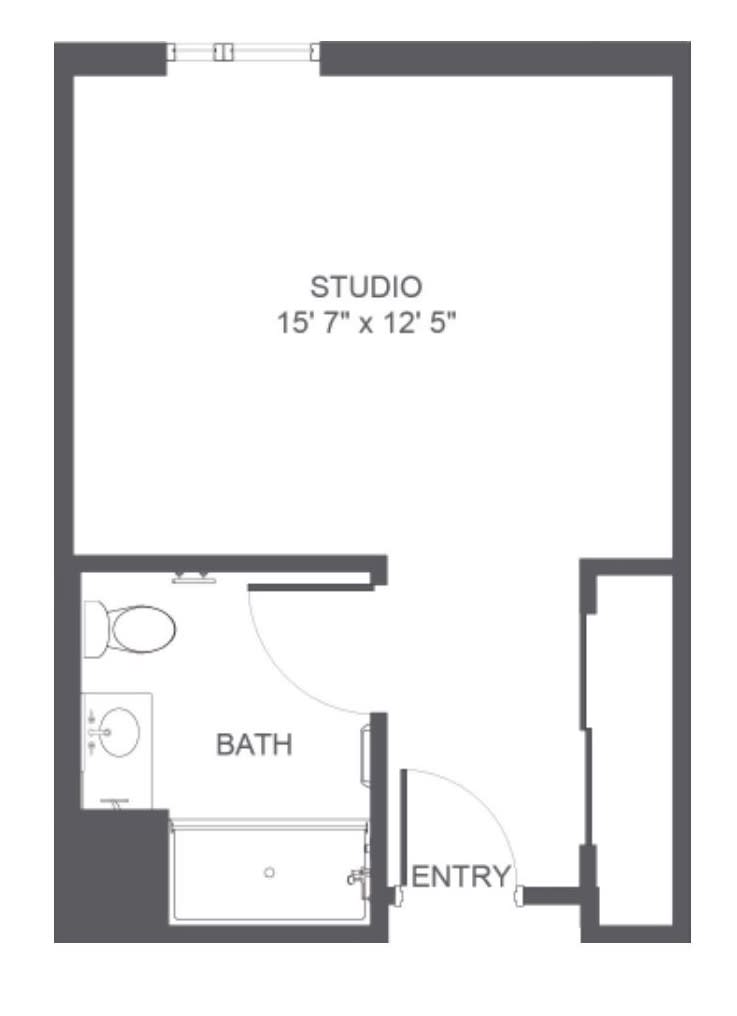 A floor plan of a studio apartment featuring a combined living space and bathroom.