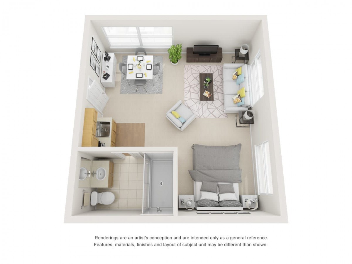 A 3D floor plan of a one-bedroom apartment featuring a combined living and dining area, kitchen, bedroom, and bathroom.