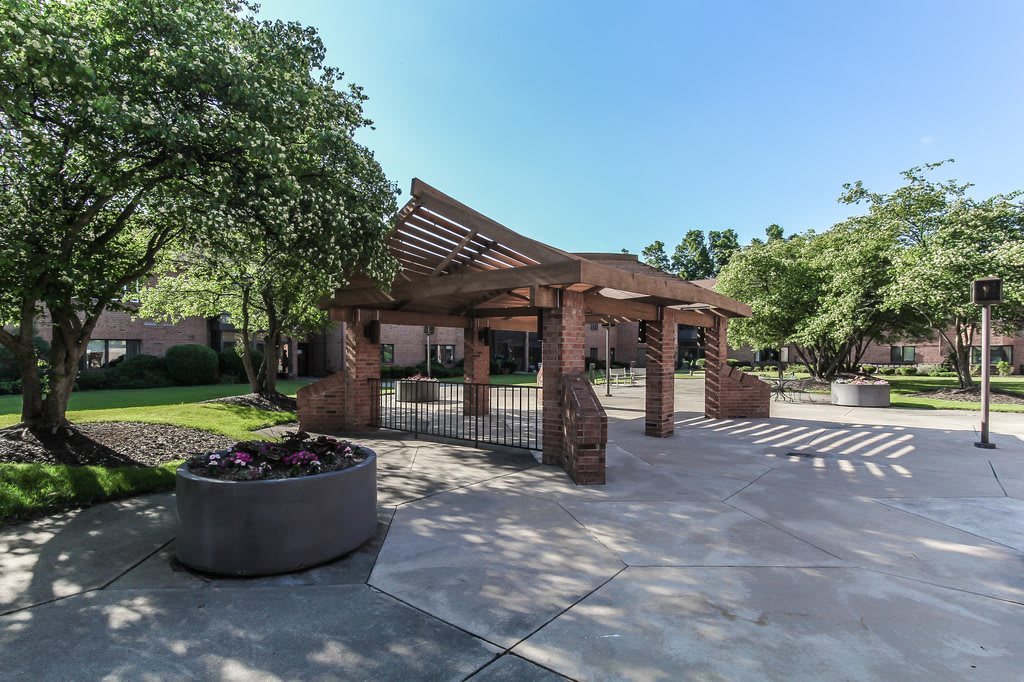 A sunny outdoor area featuring a wooden pergola surrounded by trees and landscaping.