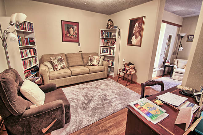 Cozy living room with a sofa, bookshelves, and artwork on the walls.