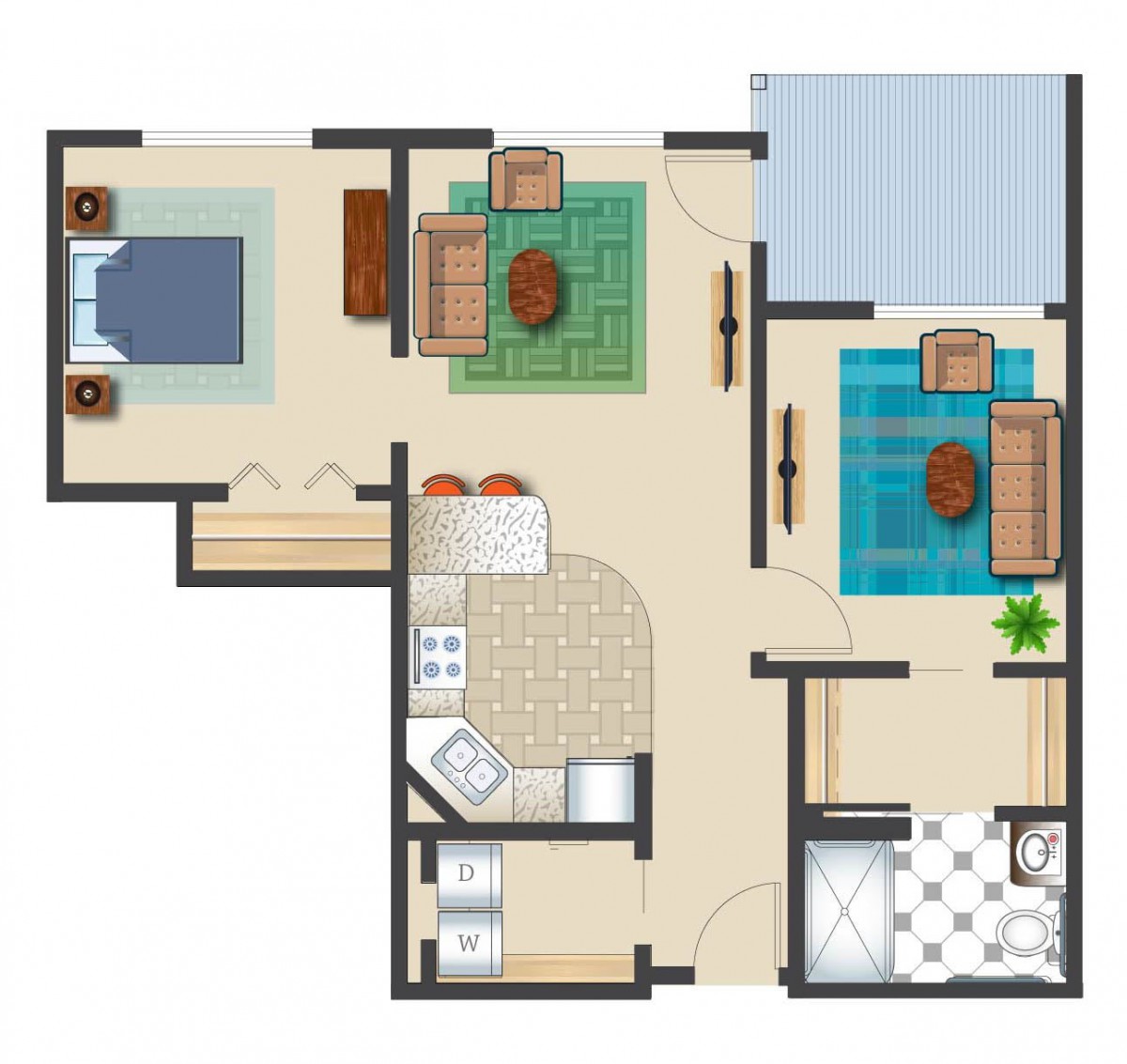 A floor plan showing the layout of an apartment with two bedrooms, a living room, kitchen, and bathroom.