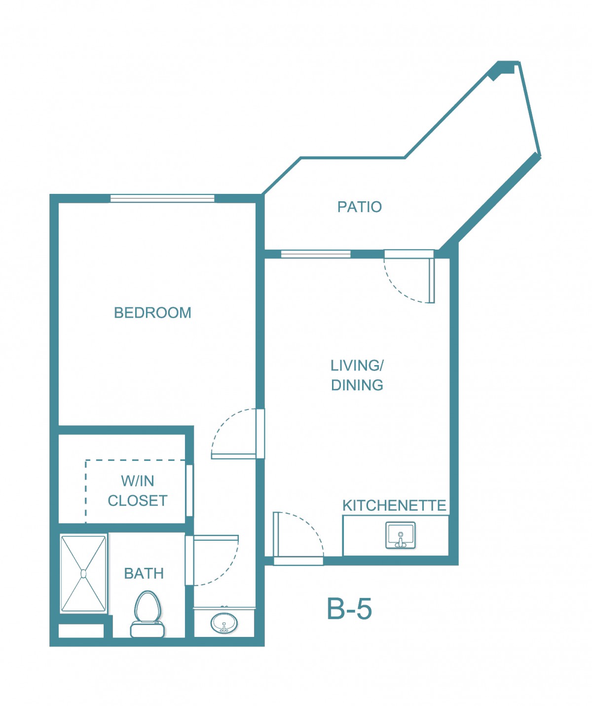 Studio apartment floor plan with a bedroom, living area, kitchenette, bathroom, and patio.