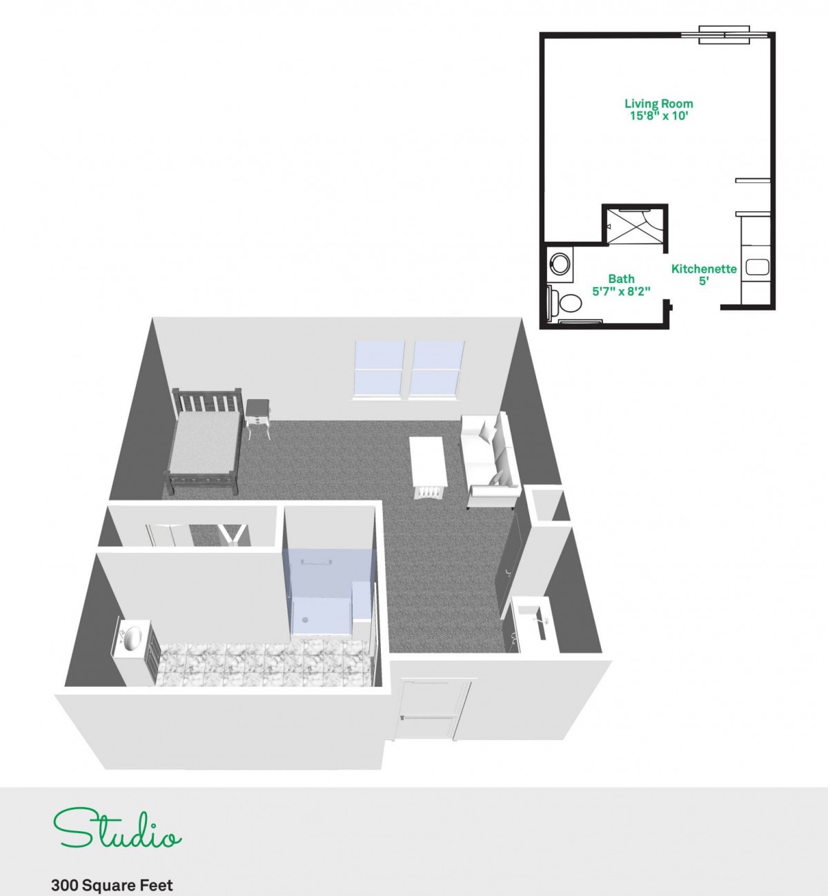 3D rendering and floor plan of a studio apartment layout.