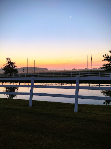A serene sunrise over a calm body of water, framed by a white fence.