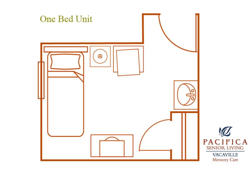 A floor plan of a compact one-bed unit showing the layout and arrangement of furniture.