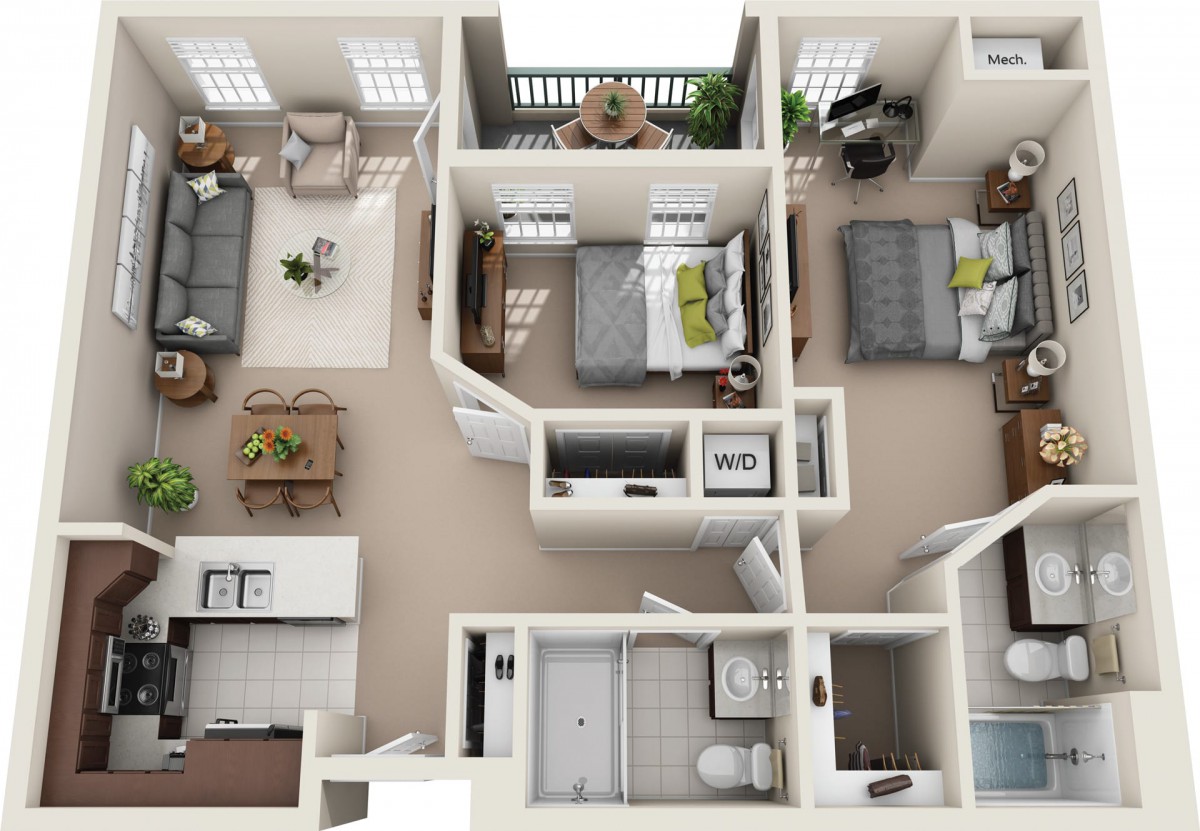 A detailed 3D floor plan of a two-bedroom apartment featuring a living room, kitchen, and bathroom.