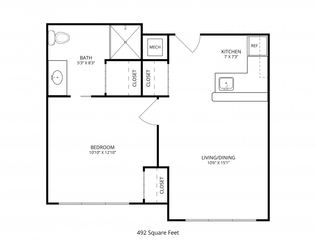 Floor plan of a 492 square foot apartment featuring one bedroom, a bathroom, kitchen, and living area.