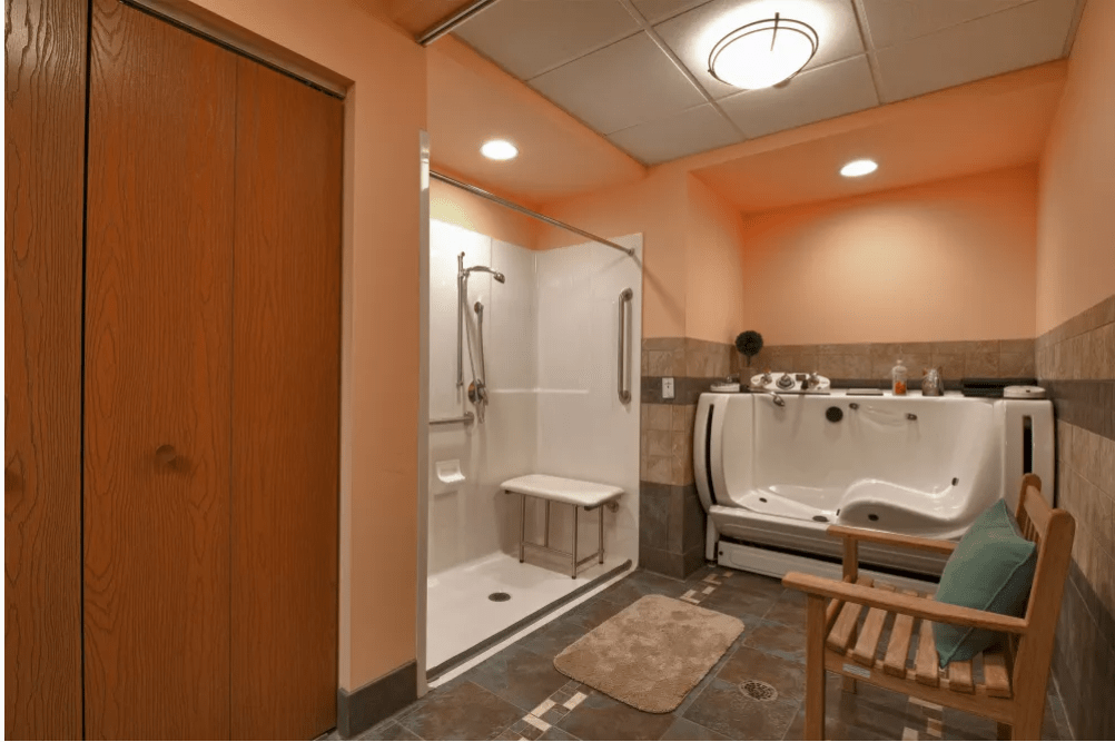 A modern bathroom featuring a walk-in shower and an accessible bathtub with seating.