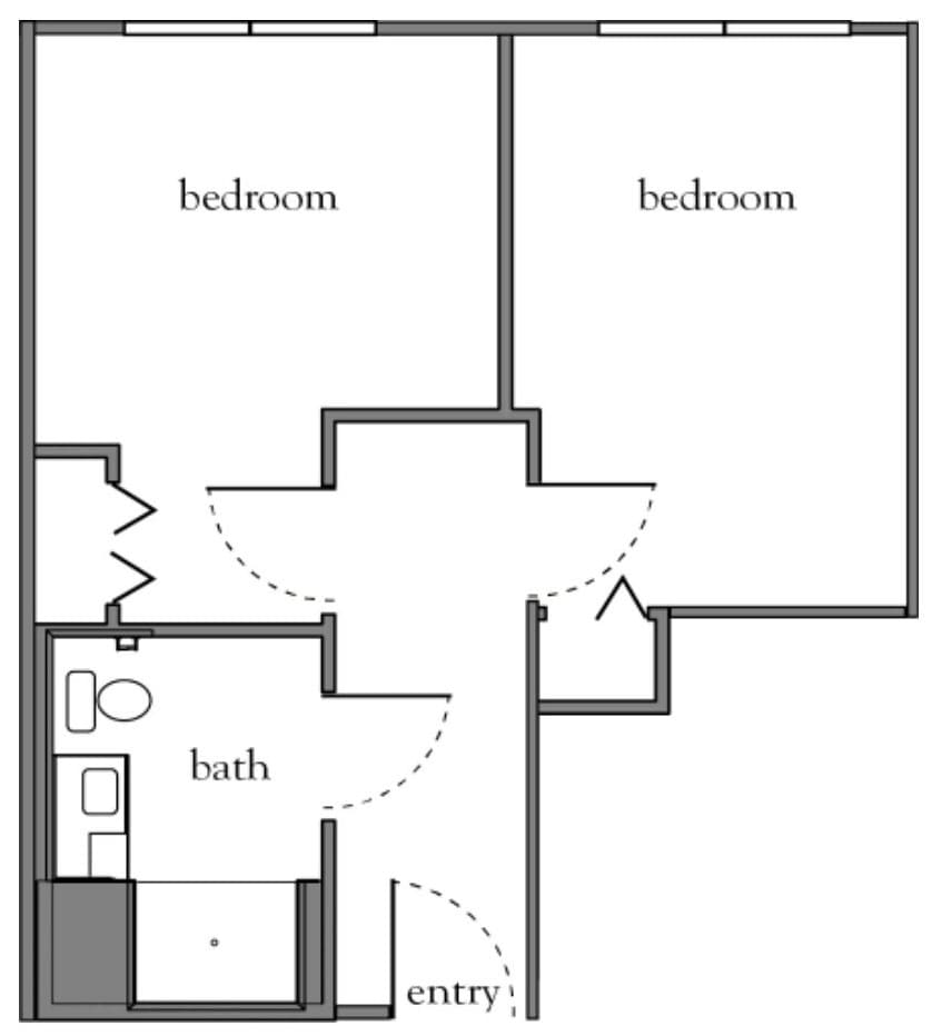 A simple floor plan showing two bedrooms and a bathroom.