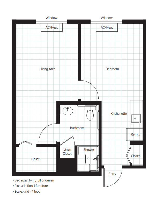A simple floor plan of an apartment including living area, bedroom, kitchen, and bathroom.
