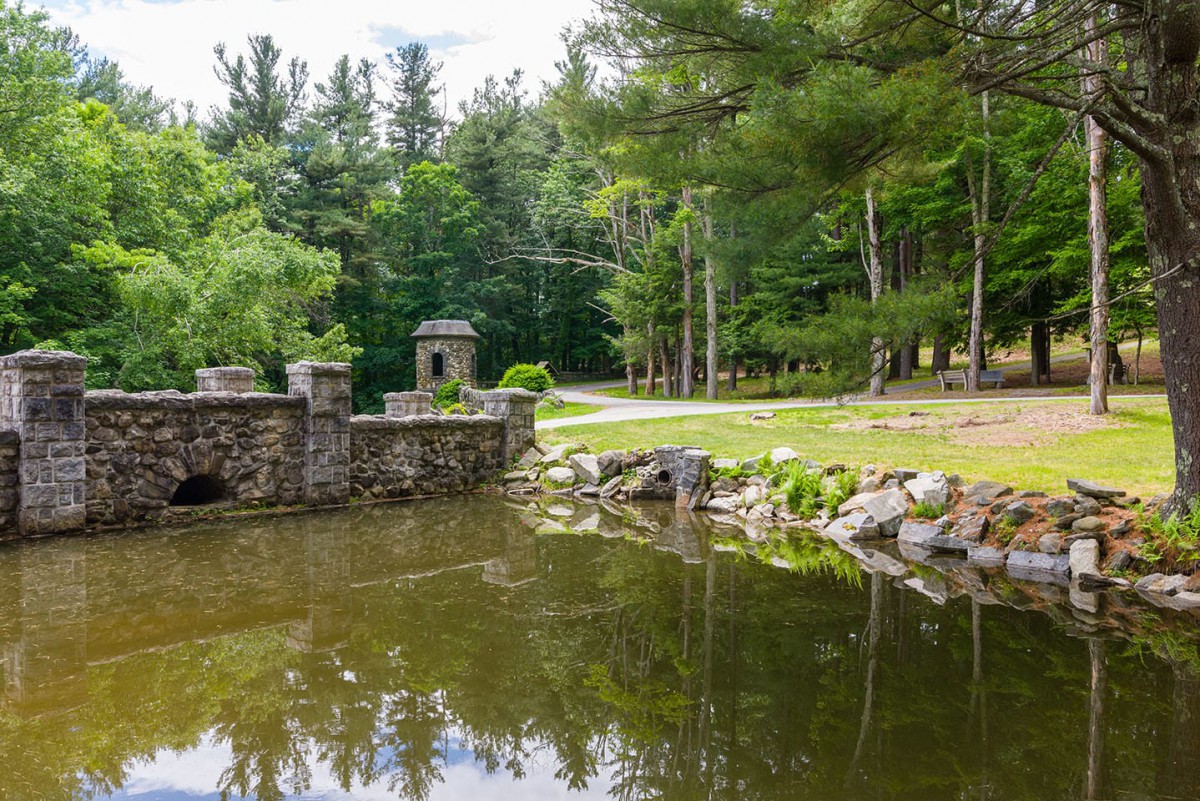 A serene pond with a stone bridge surrounded by lush trees and greenery.